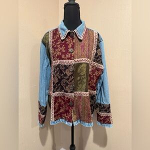 Vintage Units Patchwork Jean Jacket with Burgundy & Olive Tapestry Panels